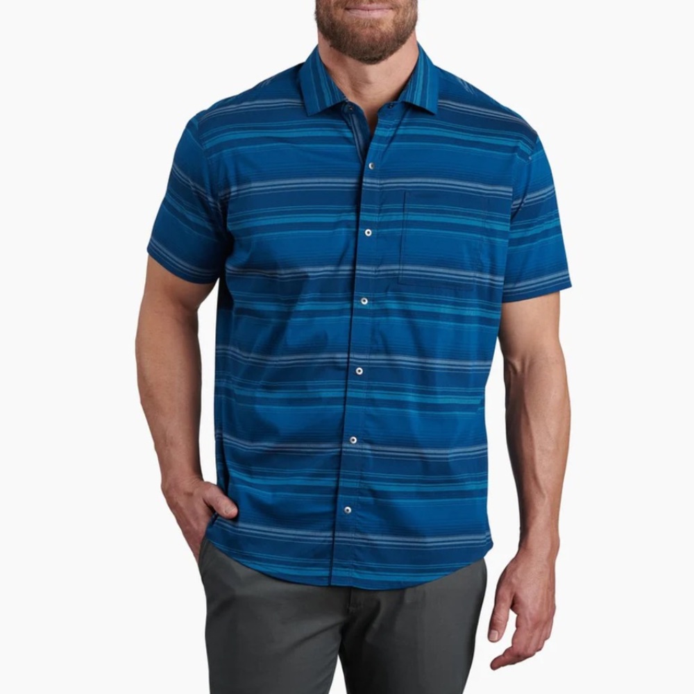 Kuhl Intriguer Short-Sleeve Shirt in Ocean Wave Blue Stripes Size Small